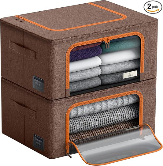 Sorbus® Storage Bins Boxes, Foldable Stackable Container Organizer Basket Set with Large Clear Window & Carry Handles, for Bedding, Linen, Clothes (Brown)