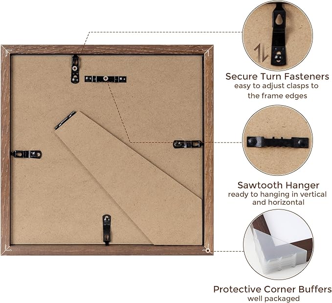 8x8 Square Picture Frame, Solid Oak Wood 8"x8" Photo Frames - Real Tempered Glass, 8x8 Frame with Stand for Tabletop Display, 8 x 8 Wood Frame for Wall (Walnut Color, 1 Pack)