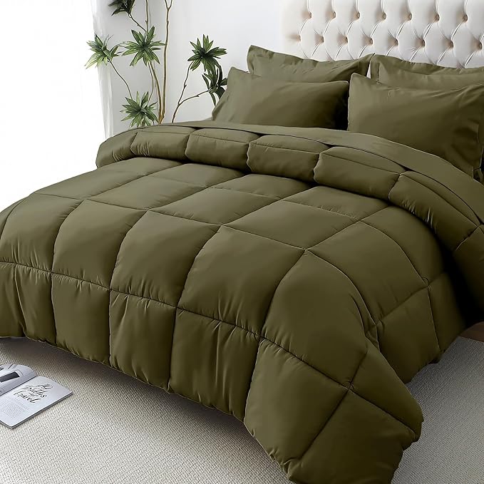 JOLLYVOGUE California King Comforter Set, Ultra-Soft Bed in a Bag Cal King Size 7 Pieces, Oeko-TEX Certified Bedding Set with Down Alternative Comforter, Sheets, Pillowcases & Shams, Olive Green