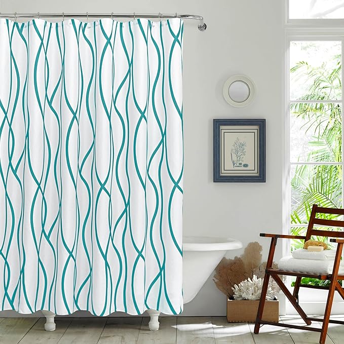 Biscaynebay Textured Fabric Shower Curtain 72x72 Inch, Turquoise Striped Printed Linen Modern Hotel Luxury Quality Cloth Bathroom Curtains Machine Washable