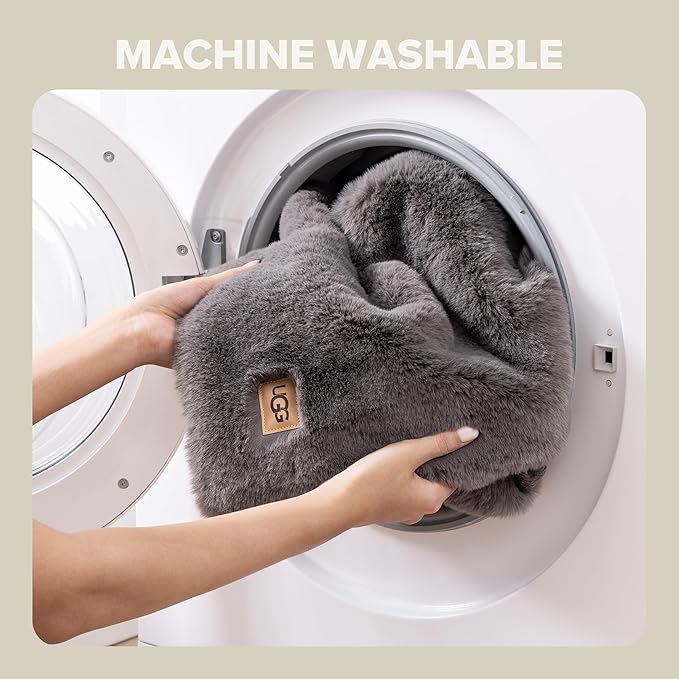 UGG Plush Faux Fur Throw Blanket Reversible Medium Weight Luxury Soft Throw Blankets for Bed or Chair, Hypoallergenic, Machine Washable, Home Decor, 50-inch x 70-inch, Charcoal Dark Grey (Euphoria)