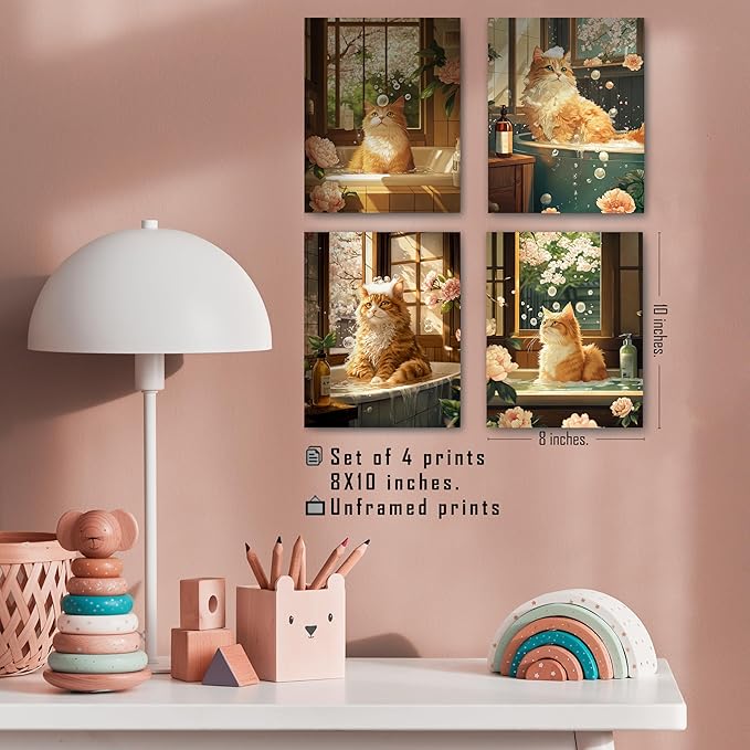 FITIE Funny Orange Cat Bathroom Wall Art Prints Set of 4, Vintage Floral Funny Orange Cat in Bathtub Wall Art Posters for Bathroom Washroom Restroom Decor, 8x10 Unframed