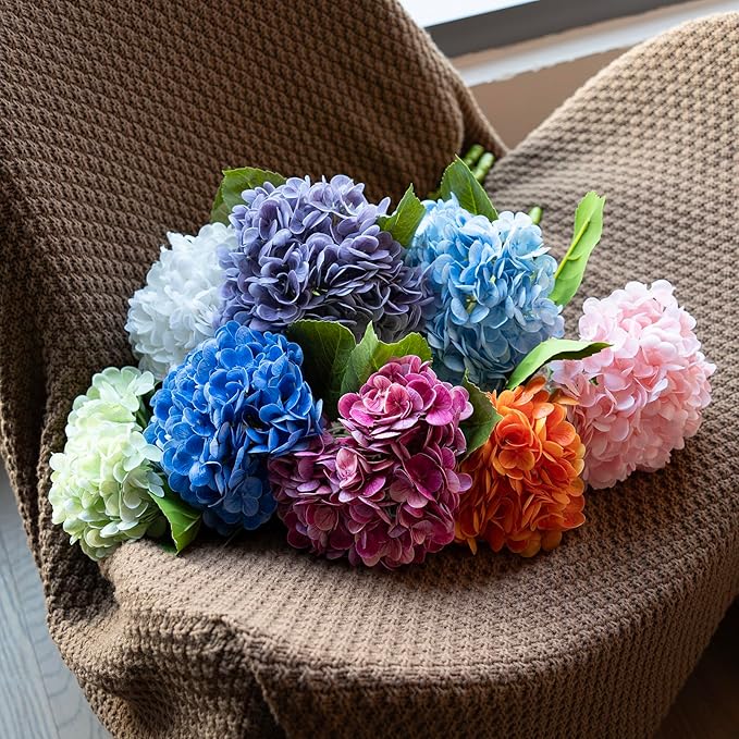 4PCS Artificial Flowers Large Hydrangeas Flowers Latex Bouquet for Wedding Bridal Office Home Party Decoration (4Pcs Blue)