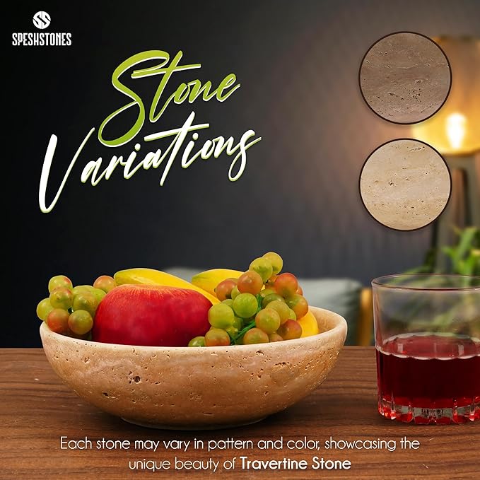 Marble Fruit Bowl 8 Inch Handmade Travertine Large Decorative Bowls For Kitchen Counter, Dining & Coffee Table Centerpiece - Modern Pedestal Bowl for Entryway and Home Decor