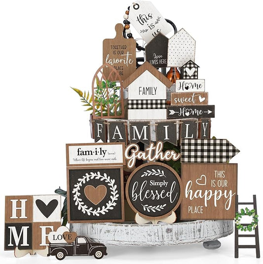Yaomiao 21 Pcs Farmhouse Tiered Tray Decor Set Rustic Farmhouse Wood Decor Sign Vintage Rustic Family Gather Blessed Tiered Tray This is Our Happy Place Sign for Home Kitchen Table Shelf (Classic)
