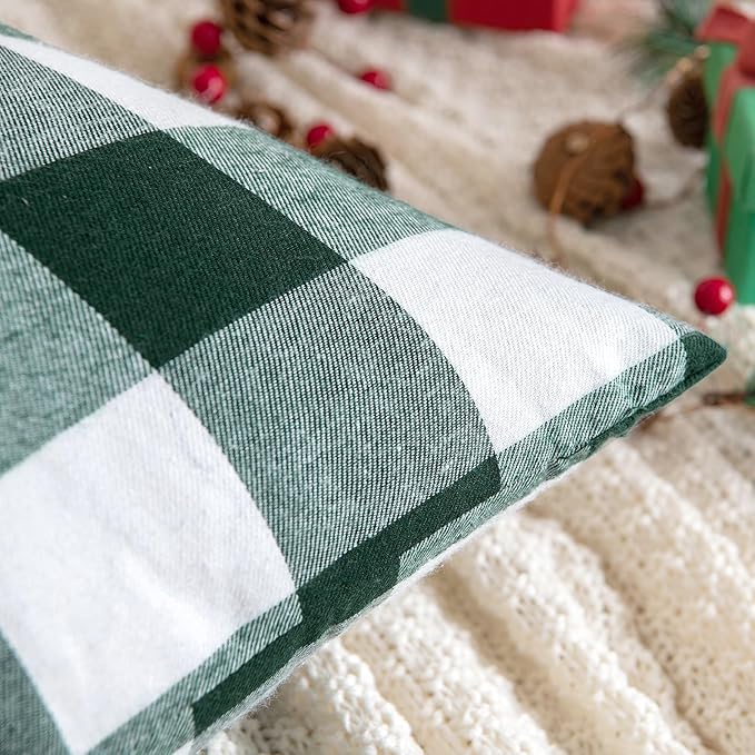 MIULEE Christmas Pack of 2 Buffalo Check Plaids Throw Pillow Covers Classic Retro Linen Farmhouse Cushion Case Soft Square Pillowcases for Home Decor Sofa Bedroom Couch 16 x16 Inch Green and White