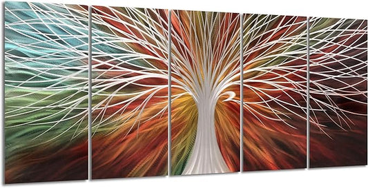 Yihui Arts Abstract Metal Wall Art - Tree Of Life Hand Crafted 5 Pieces Panels Large Big Unique 3D Aluminum Modern Contemporary Home Accent