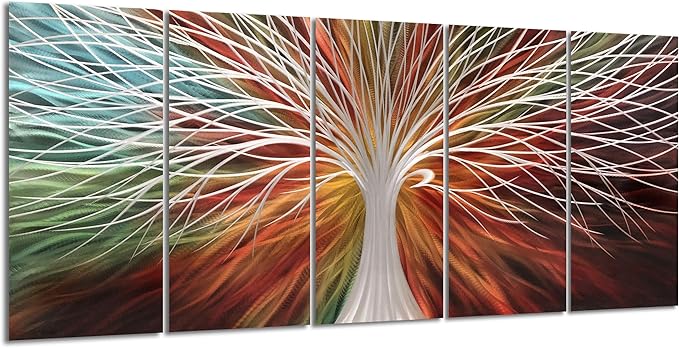 Yihui Arts Abstract Metal Wall Art - Tree Of Life Hand Crafted 5 Pieces Panels Large Big Unique 3D Aluminum Modern Contemporary Home Accent