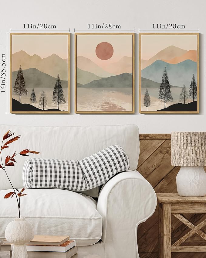 KUVIOKE Vintage Landscape Framed Wall Art Mountain Range Wall Decor Ink Wash Watercolor Nature Laker Sun Rises Prints Bedroom Living Dining Room Ready to Hang 11x14in (Natural Framed)