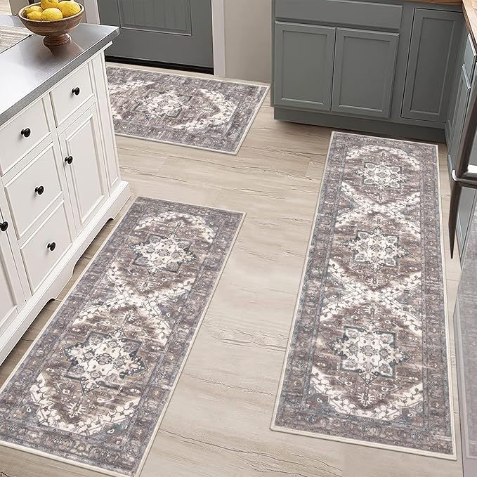 Pauwer Kitchen Mats for Floor 3 Piece Set Boho Non Slip Kitchen Rugs Washable Farmhouse Kitchen Floor Mats Thick Long Kitchen Throw Area Rug Carpet Runner for Hallway Laundry Bathroom, Grey Brown