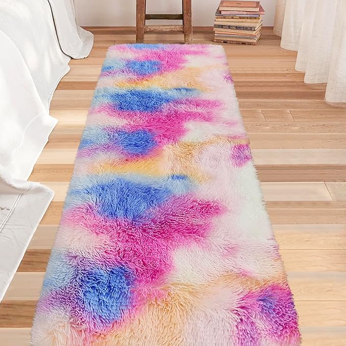 Fluffy Colorful Rug for Bedroom 2x8 ft Kawaii Tie-Dyed Area Rug Non Slip Cute Unicorn Kids Runner Rug for Girls Princess Teens Living Room Playroom Baby Nursery Decor Carpets