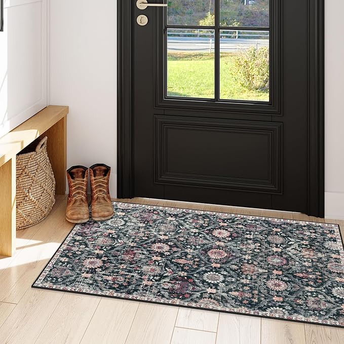 Lahome Kitchen Rugs Non Slip Washable Rugs for Entryway, 2x4 Rug Non-Slip Moroccan Trellis Ultra-Thin Indoor Door Mat Small Carpet for Bathroom Bedroom Entry, Black/Multi