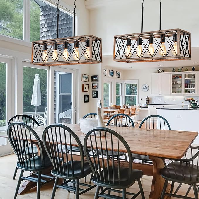 Farmhouse Light Fixtures,5-Light Dining Room Light Fixture,Height Adjustable, Industrial Metal Kitchen Pendant Lighting Over Island, Chandelier for Dining Table Kitchen Sink, Wood Grain Finish.