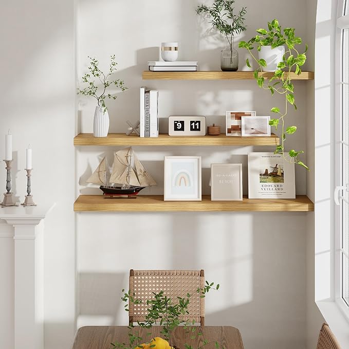 48 Inch Floating Shelves, 9.3 Inch Deep Floating Shelf for Wall, Rustic Wood Wall Shelves 48 x 9.3 x 1.5, Large Bathroom Shelf 48 Inch Long, Deep Shelves for Kitchen, Living Room, Oak Color, 2 Pack