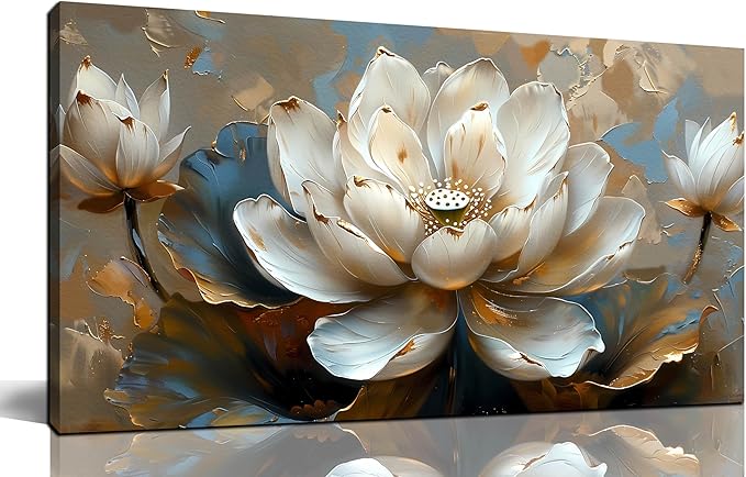 White Flower Wall Art for Living Room - Gold Paintings Wall Art for Office - Bedroom Pictures Wall Decor for Women Size 20" x 40"