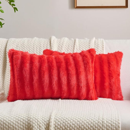 FUTEI Red Decorative Throw Pillow Covers 12x20 Inch Set of 2,Soft Fluffy Faux Mink Fur Dyeing Striped Textured Lumbar Pillow Case,Modern Home Decor for Couch Bed Living Room