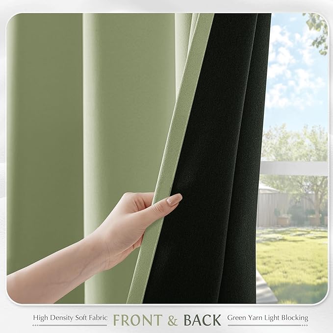 Beauoop Sage Green 100% Blackout Curtains 54 Inch Long 2 Panels for Bedroom Living Room Solid Room Darkening Thermal Insulated Soundproof Energy Saving Grommet Top Window Treatment Drapes,52x54 2 Set