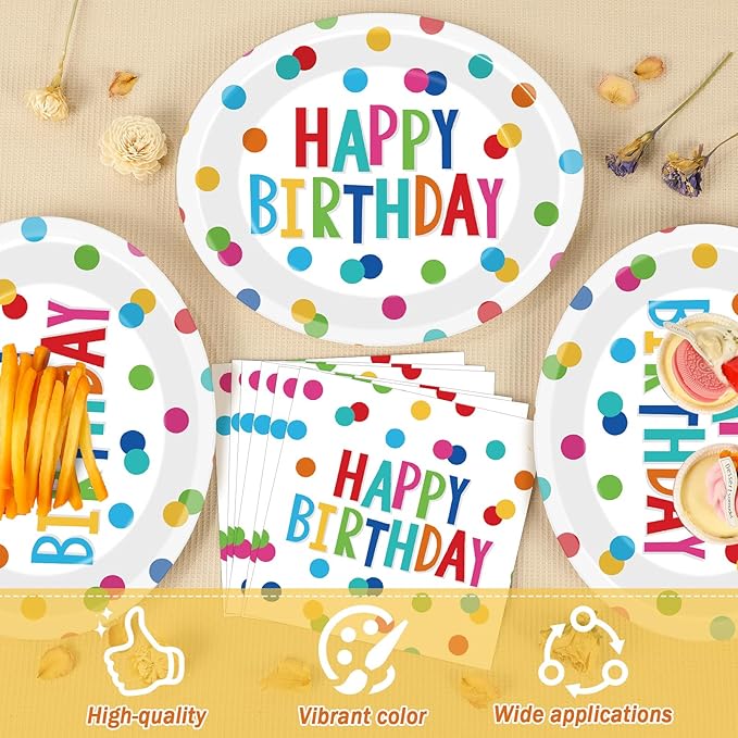 Birthday Party Oval Paper Plate 11inch Large Happy Birthdays Plates and Napkins, Colorful Dots Party Decoration Favor Dish Tray for Bday Baby Shower Holiday Gathering Supplies Tableware, 25 Guest