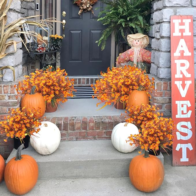 12 Bundles Artificial Fall Flowers for Outdoors Fake Plants UV Resistant Plastic Plants Shrubs Bushes for Home Fall Front Door Porch Garden Autumn Decor (Fall Red)