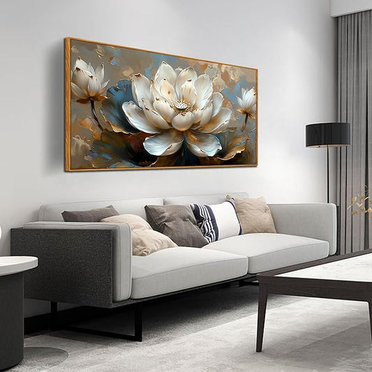 White Lotus Painting Wall Art for Living Room - Gold Flower Wall Decor for Office - Framed Wall Art for Bedroom Size 29" x 59"
