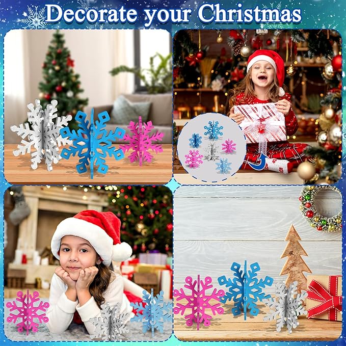 OuMuaMua 6 Sets Snowflake Christmas Table Decorations - 12pcs Blue Fuchsia Purple Sliver Wooden 3D Snowflake Decor Tabletop Centerpieces for Christmas Winter Wonderland Party Supplies Home