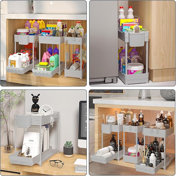 3 Pack Under Sink Organizers, 2-Tier Multi-Use Kitchen and Bathroom Organizers and Storage with Sliding Drawers，Bathroom Cabinet Organizer (Gray, 14.8 Inch)