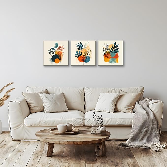 NAN Wind 3Pcs Modern Abstract Botanical Canvas Wall Art Colorful Leaf Prints Contemporary Floral Art for Living Room Minimalist Plant Decor Geometric Canvas Set Ready to Hang for Home Decor