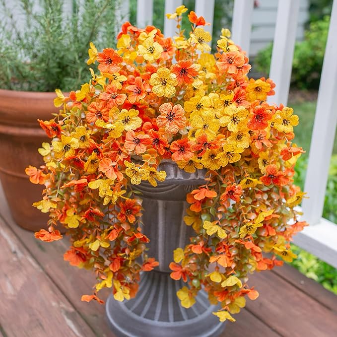 Artificial Flowers for Fall Outdoors Decoration, 2Pcs Fake Fall Light Orange & Yellow Hanging Flowers, Faux Autumn Decor for Porch Patio Balcony Planter, Realistic Arrangement