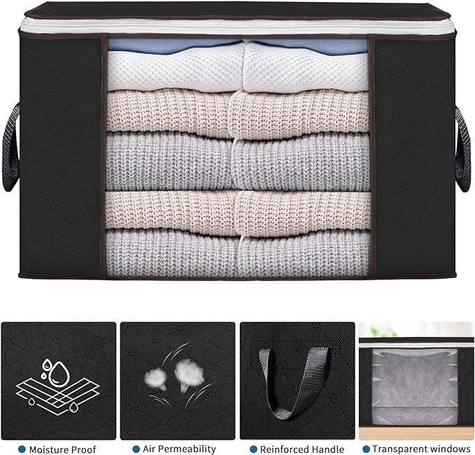Large Storage Bags, 6 Pack Clothes Storage Bins Foldable Closet Organizers Storage Containers with Durable Handles Thick Fabric for Blanket Comforter Clothing Bedding 90 L (Black)