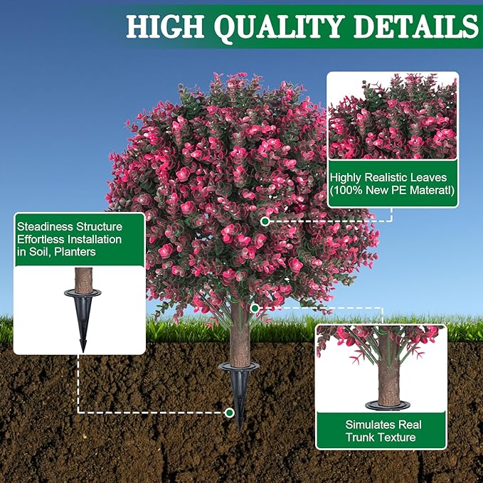 Set of 2 Artificial Rose Boxwood Topiary Ball Bush for Outdoor with Ground Spike 22", UV Resistant Faux Greenery Shrubs, Fake Rose&Green Boxwood Plants for Garden, Yard, Porch, Patio Decor