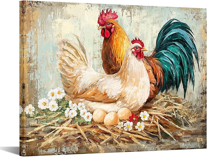 KREATIVE ARTS Farmhouse Chicken Picture Canvas Wall Art for Kitchen Dining Room Rustic Rooster with Fresh Eggs Framed 24x32 Inch Hen and Hatching Chicks Painting Ready to Hang
