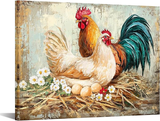 KREATIVE ARTS Farmhouse Chicken Picture Canvas Wall Art for Kitchen Dining Room Rustic Rooster with Fresh Eggs Framed 24x32 Inch Hen and Hatching Chicks Painting Ready to Hang