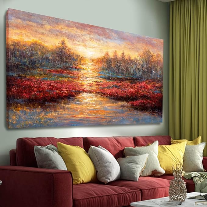 GAIDUOMAI Sunset Glow Pictures Gold and Red Canvas Painting Textured Wall Art for Office 24"x48" Nature Wall Prints for Hotel Master Bedroom Wall Decor