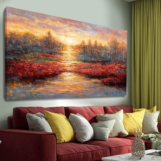 GAIDUOMAI Sunset Glow Pictures Gold and Red Canvas Painting Textured Wall Art for Office 24"x48" Nature Wall Prints for Hotel Master Bedroom Wall Decor
