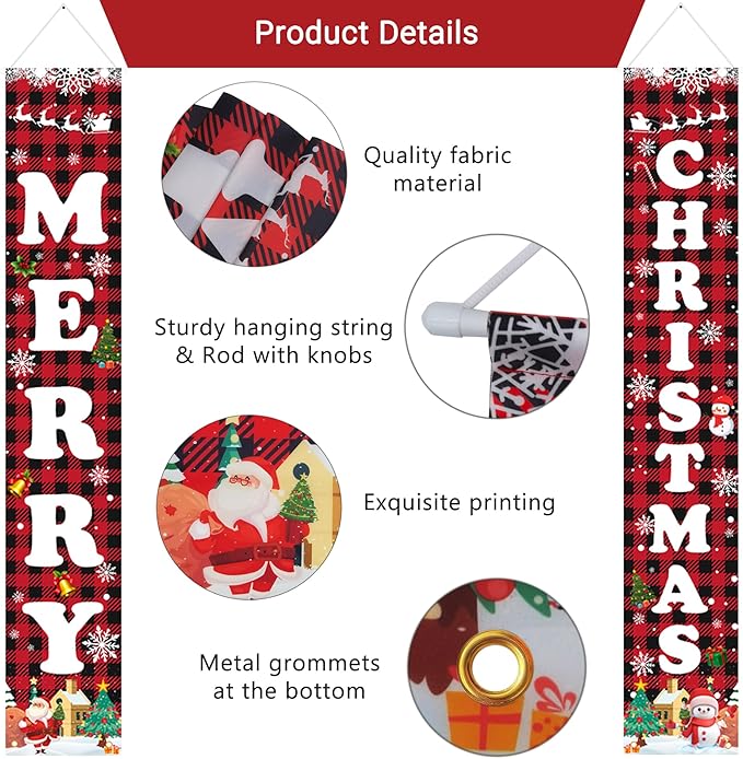 Christmas Decorations Red Black Buffalo Plaid Banner Xmas Porch Door Sign Welcome Banner for Wall Home Party Decor Merry Christmas Decorations Indoor Outdoor