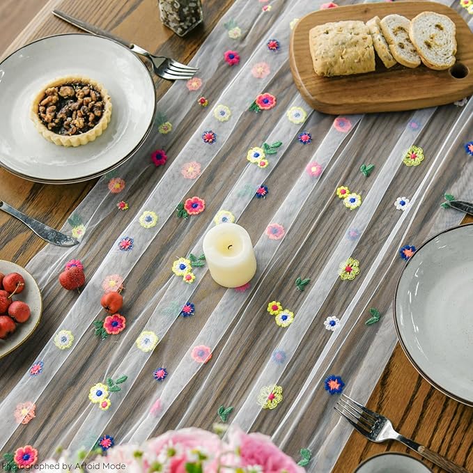 Artoid Mode 6PCS Embroidery Daisy Gauze Table Runner 120 Inch 10FT, Seasonal Sheer Kitchen Dining Holiday Wedding Birthday Table Decor for Home Party