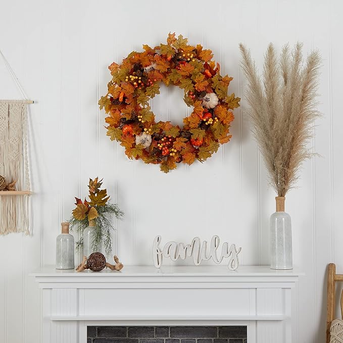 Nearly Natural 30in. Autumn Pumpkin and Maple Leaf Artificial Fall Wreath