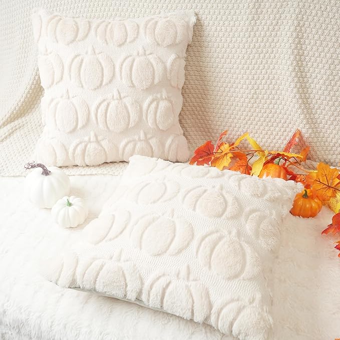 GEEORY Fall Pumpkins Soft Plush Pillow Covers, 16 x 16 Inch Set of 2, Fluffy Faux Fur Wool Decorative Farmhouse Cushion Case for Sofa Home Decoration Beige Pumpkin GC020-16