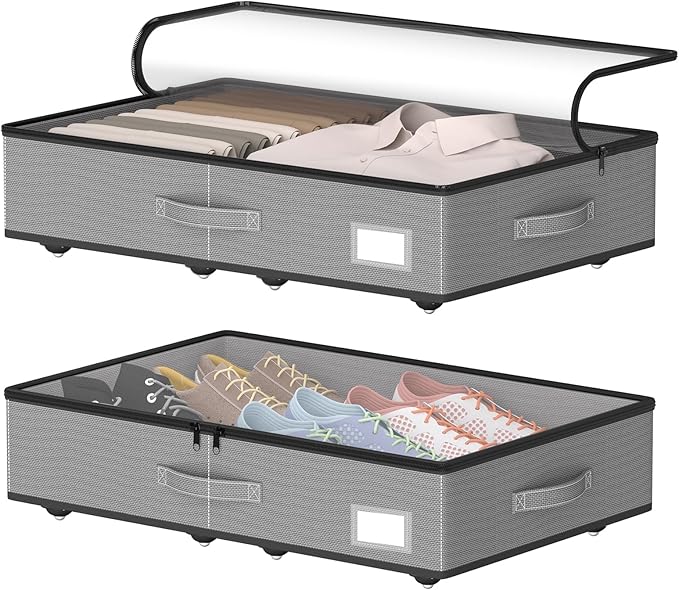 Under Bed Storage with Wheels, No Assemble Required 5.5 inches height grey under bed storage bins,Low Profile Rolling Under bed Shoe Storage containers，dorm under bed storage drawers