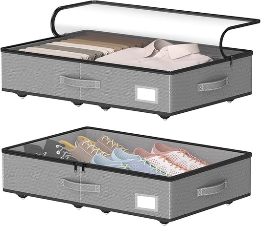 Under Bed Storage with Wheels, No Assemble Required 5.5 inches height grey under bed storage bins,Low Profile Rolling Under bed Shoe Storage containers，dorm under bed storage drawers