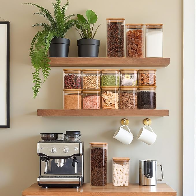 ComSaf 0.8 Qt Glass Food Storage Jars Set of 6, Clear Storage Containers with Airtight Lids, Pantry Organization Jar, Spice Jar, Blooming Tea, Oat, Coffee and Sugar Container, Canister Set for Kitchen