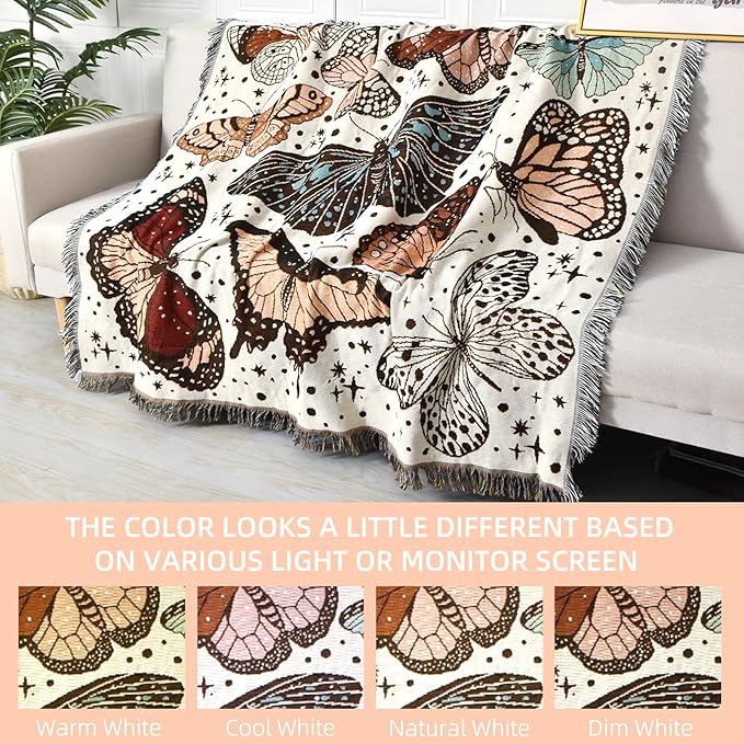 Boho Throw Blanket Reversible Cotton Bohemian Tapestry Hippie Room Decor Double Sided (Month Moth Print 50"x60")