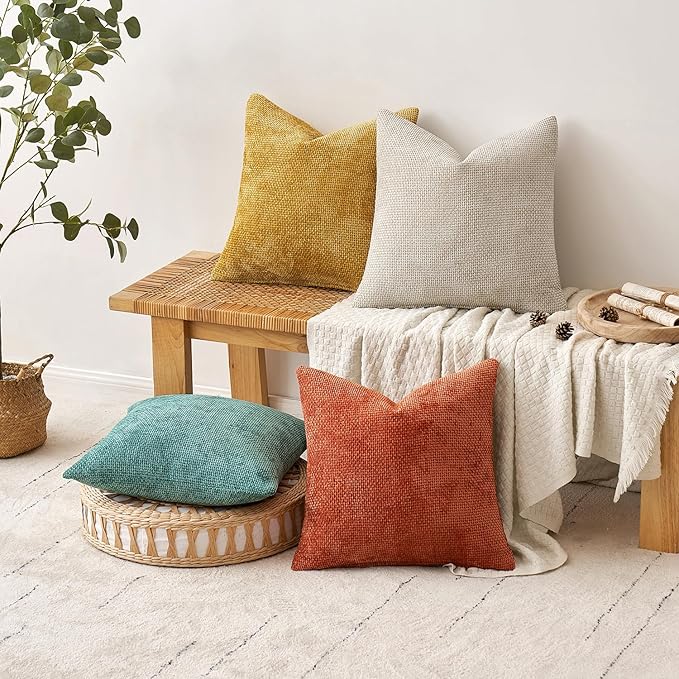 MIULEE Pack of 4 Couch Throw Pillow Covers 18x18 Inch Neutral Orange/Teal Soft Decorative Chenille Pillow Covers Farmhouse Accent Cushion Covers for Boho Home Decor Spring Sofa Bedroom Living Room