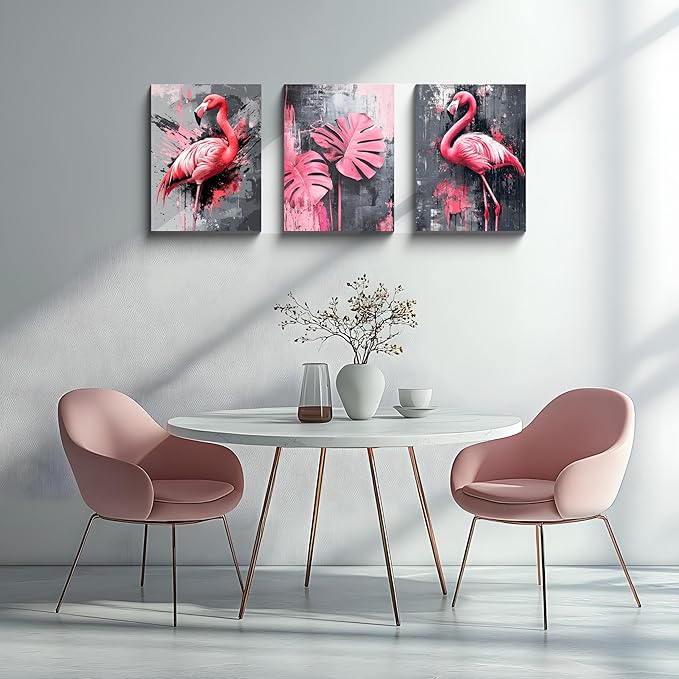 NAN Wind 3PCS Pink Flamingo Wall Art Modern Tropical Monstera Leaves Canvas Print Palm Leaf Bird Wall Decor Contemporary Botanical Print Nature-Inspired Artwork Living Room Decor Bedroom Home Office