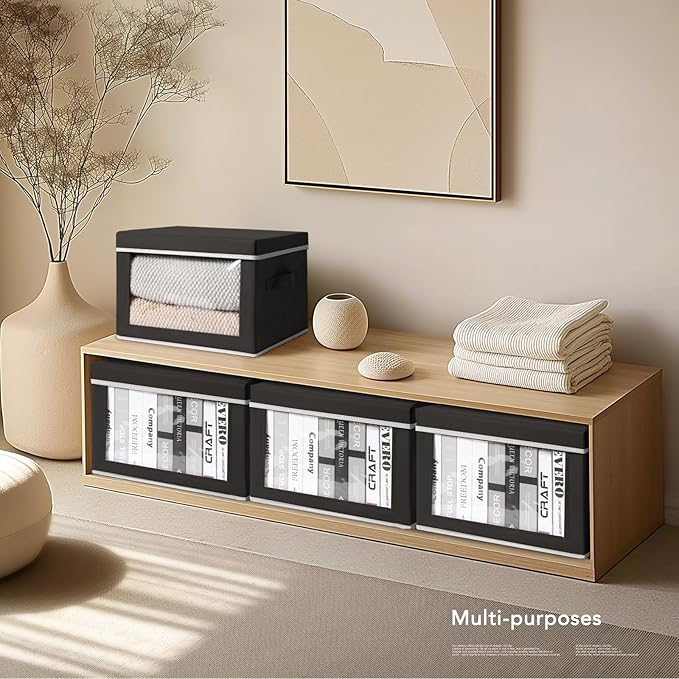 Storage Boxes with Lids - 4 Pack Fabric Clear Window Storage Bins, Large Decorative Storage Bins with Handles, Linen Closet Organizer for Clothes, Towel, Blanket, Black