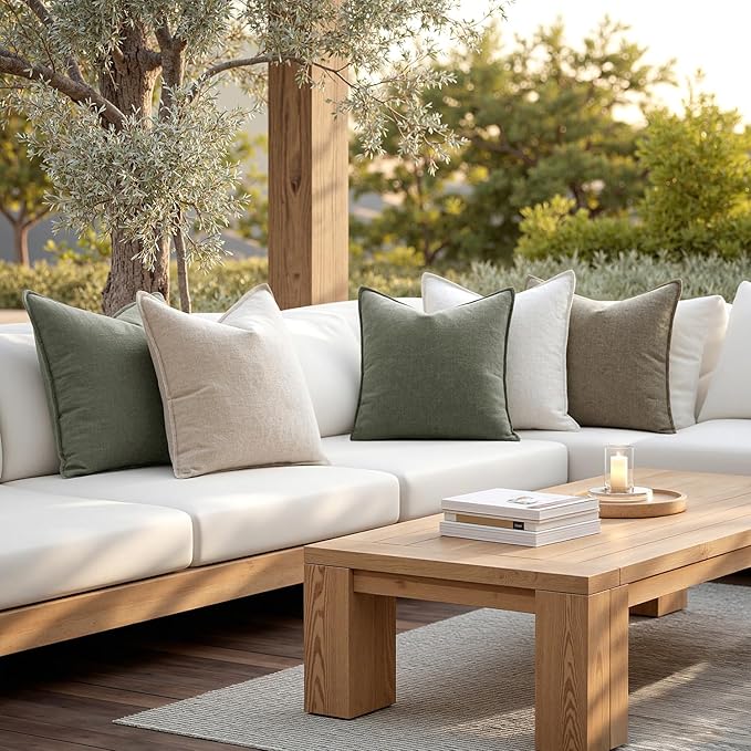 MIULEE Decorative Linen Pillow Covers 18x18 Inch Olive Green Boho FarmhouseNeutral Couch Throw Pillows for Bed Pack of 2 Accent Outdoor Pillowcase Modern Sofa Cushion Livingroom Home Decor