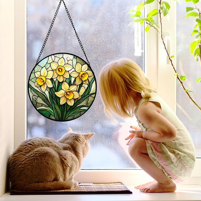 Stained Glass Window Hanging, Daffodil Plant Flowers Sun Catchers Diamond Glass Panel Hangings Suncatcher Decor for Birthday for Women, Men, Wife, Aunt, and Mom 6.3 in