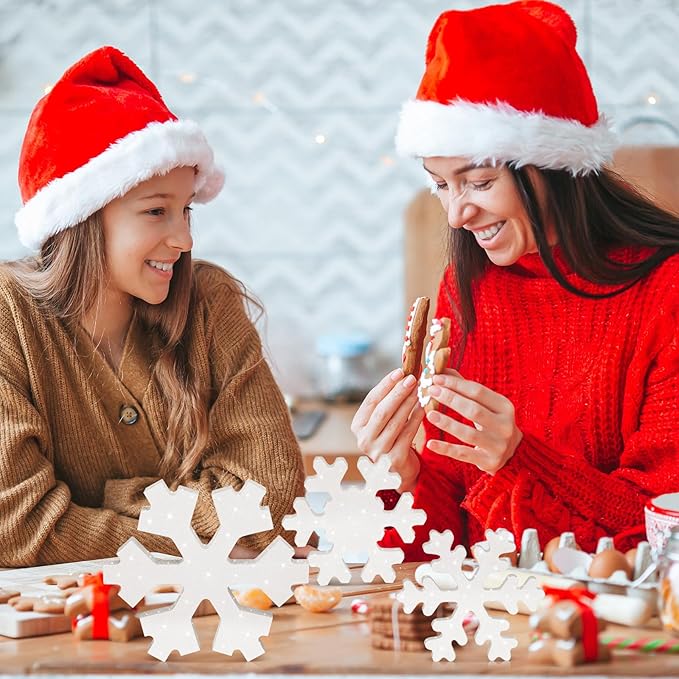 Bucherry 3 Pcs Winter Wooden Snowflake Decor Rustic Winter Snowflake Table Signs Wonderland Wood Blocks Farmhouse Christmas Tiered Tray Decorations for Xmas Table Shelf(Glitter White)