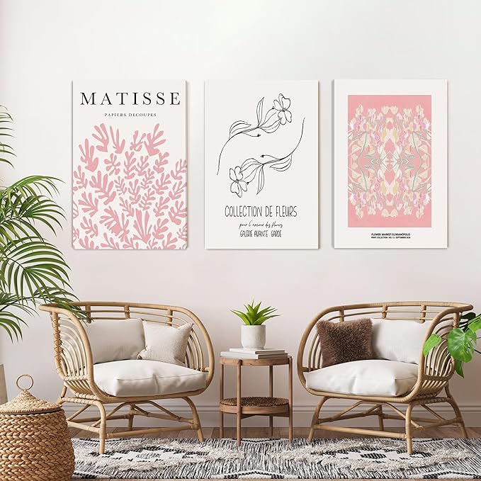 WRFON Pink Matisse Abstract Botanical Canvas Wall Art, Picasso Black Line Floral Poster Prints, Pink Flower Market Modern Elegant Aesthetic Pictures for Living Room Bedroom Framed 16"x24"x3