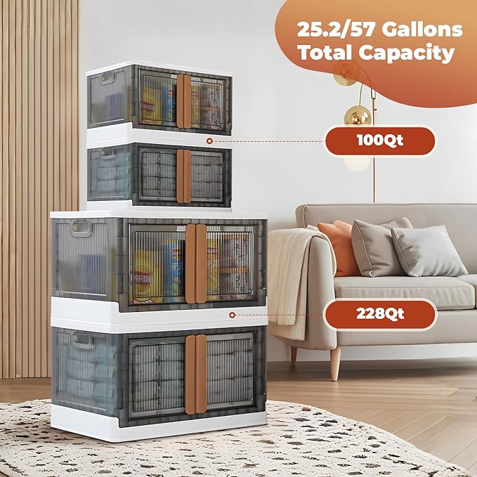 GCCSJ 33.6Qt Stackable Plastic Storage Boxes with Lids, Foldable Closet Organizers and Storage Containers with Wheels, Collapsible Storage Bins for Home Organization, 3 Pack Grey White